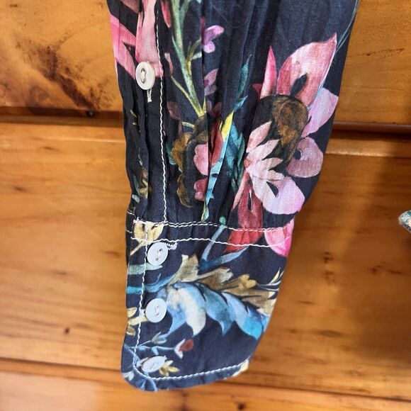 Cino Navy Cotton Floral button-down Shirt Size Large Roll Tab Sleeves - Picture 3 of 5